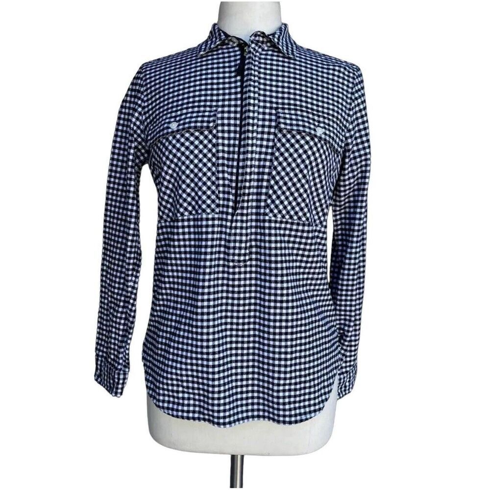 J. Crew Mercantile Women's Shirt Check Size XS Black White Half Zip Long Sleeve